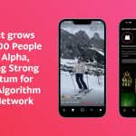 Graphic announcing Monnett reaching 50,000 people in early alpha, shown alongside two smartphone screens displaying the Monnett social app.