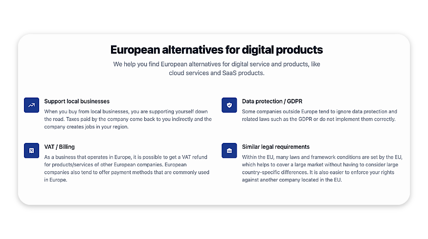 Screenshot of the website European alternatives eu offering a directory for digital products made in Europe