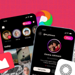 Two phone screens showing a social app with stories, profile circles, and a user profile page for Emma Johnson, alongside the Monnett logo and decorative icons on a red background.