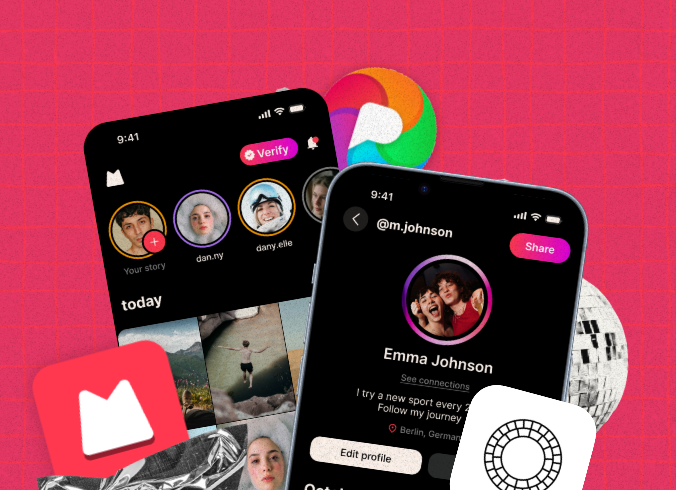 Two phone screens showing a social app with stories, profile circles, and a user profile page for Emma Johnson, alongside the Monnett logo and decorative icons on a red background.