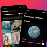 Two overlapping smartphone screens on a red-to-purple gradient background. The front screen shows a 'Discover Germany' feed with a distance slider and a grid of photos including underwater swimming, cliff jumping, rock climbing, and a portrait. The back screen shows 'Discovery settings' with a distance control set to 'Global,' featuring an illustrated globe with a profile pin marker.