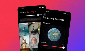 Two overlapping smartphone screens on a red-to-purple gradient background. The front screen shows a 'Discover Germany' feed with a distance slider and a grid of photos including underwater swimming, cliff jumping, rock climbing, and a portrait. The back screen shows 'Discovery settings' with a distance control set to 'Global,' featuring an illustrated globe with a profile pin marker.