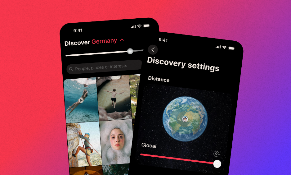 Two overlapping smartphone screens on a red-to-purple gradient background. The front screen shows a 'Discover Germany' feed with a distance slider and a grid of photos including underwater swimming, cliff jumping, rock climbing, and a portrait. The back screen shows 'Discovery settings' with a distance control set to 'Global,' featuring an illustrated globe with a profile pin marker.